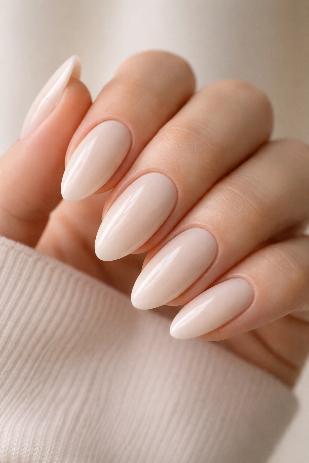 Close-up of almond nails in opaque cream nude with smooth porcelain-like finish