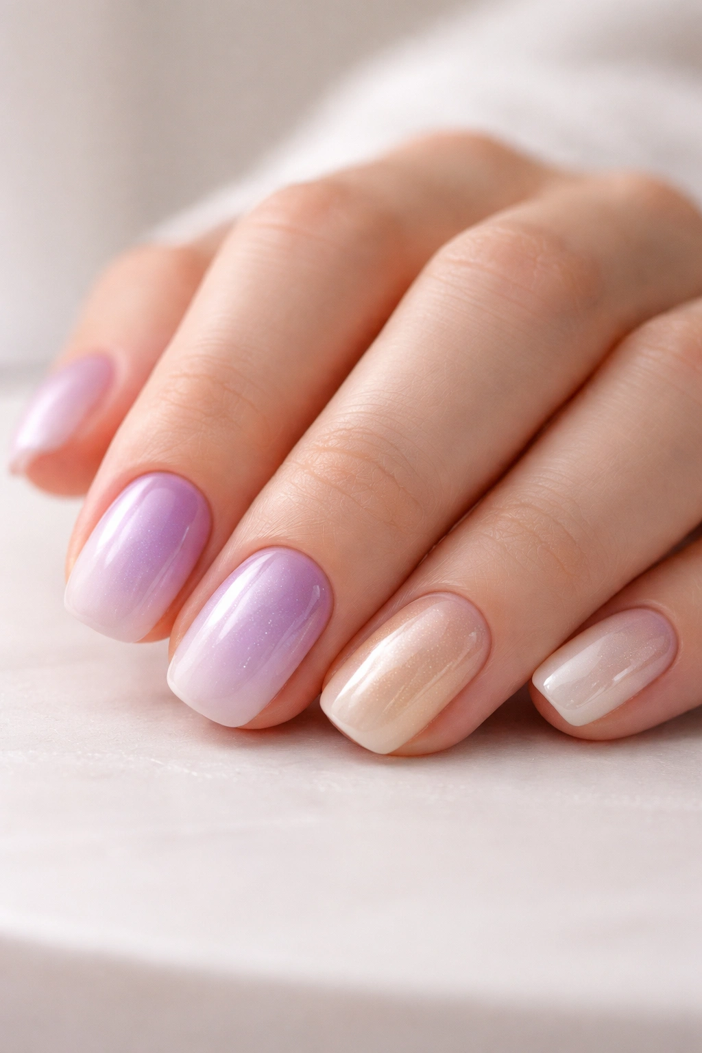 Close-up of short squoval aura nails with lavender-champagne gradient under soft studio light