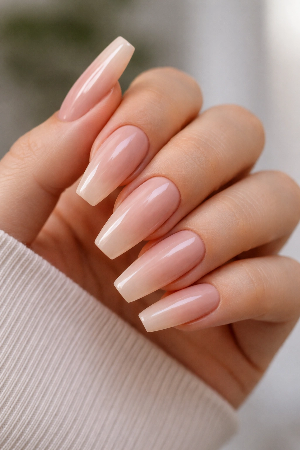Close-up of beige-blush pink nails with nude-but-better look