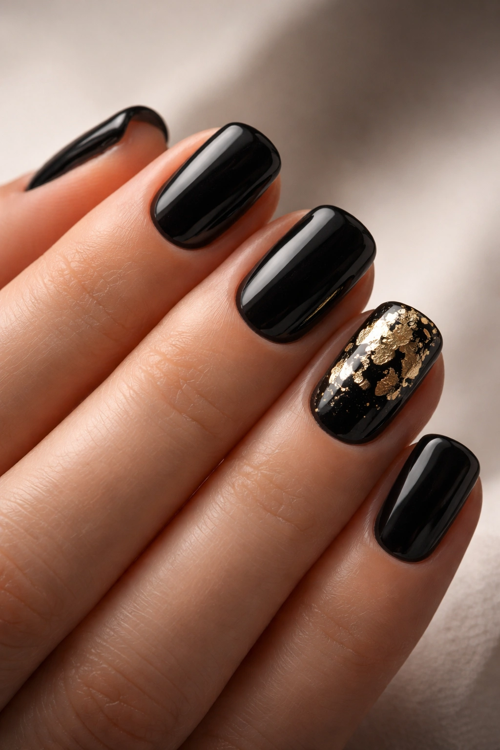Close-up of all-black squoval nails with one accent nail