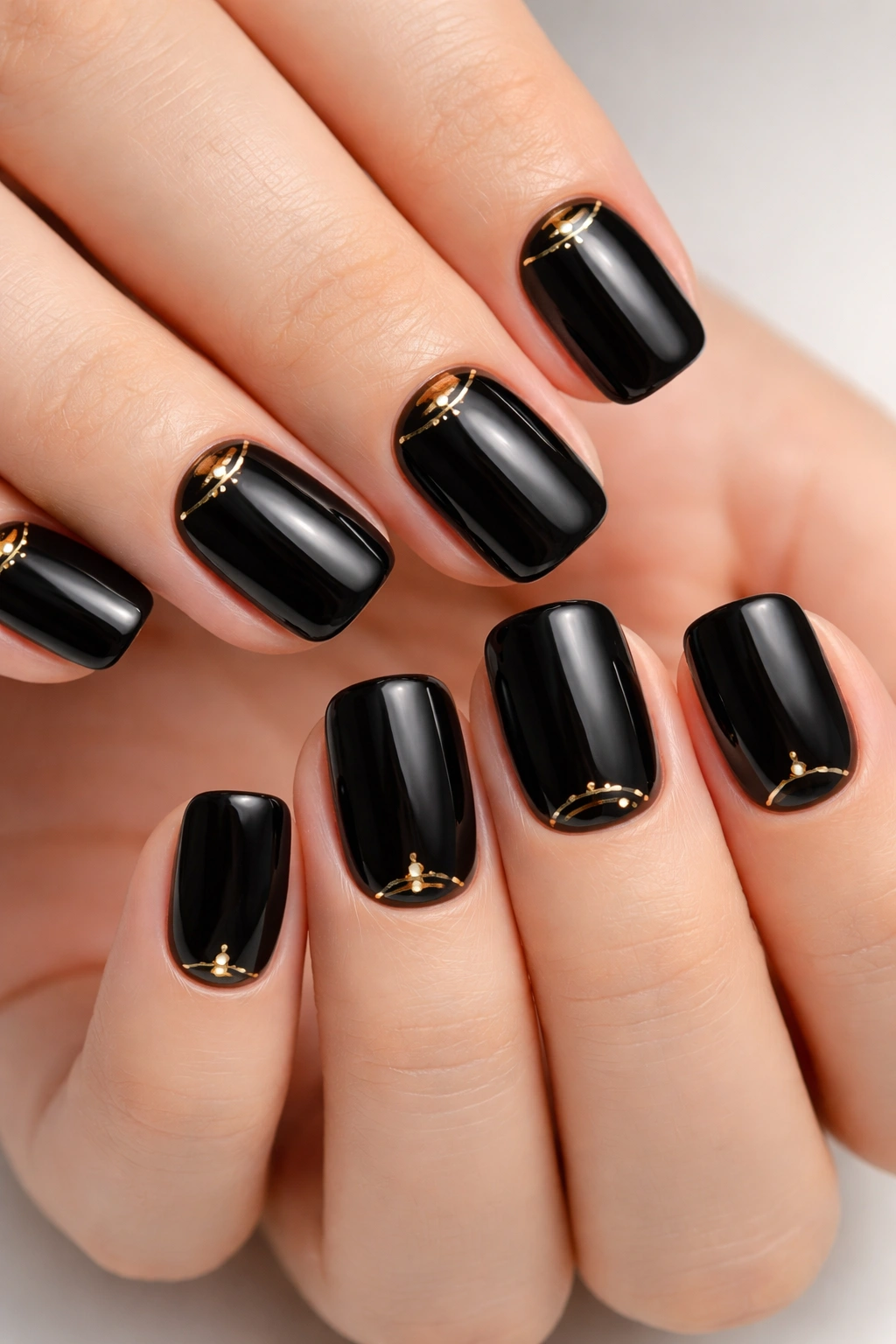 Close-up of glossy black nails with delicate gold detailing