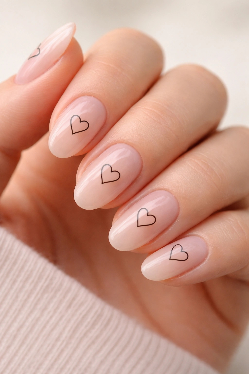Close-up of short almond nails with sheer pink base and black outline hearts