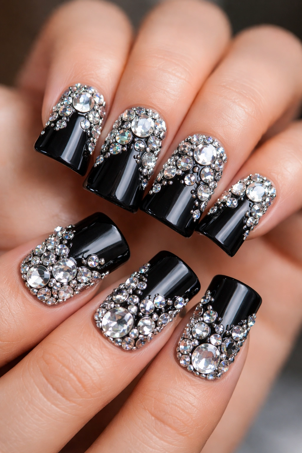 Black duck nails with silver and crystal rhinestones in mixed sizes