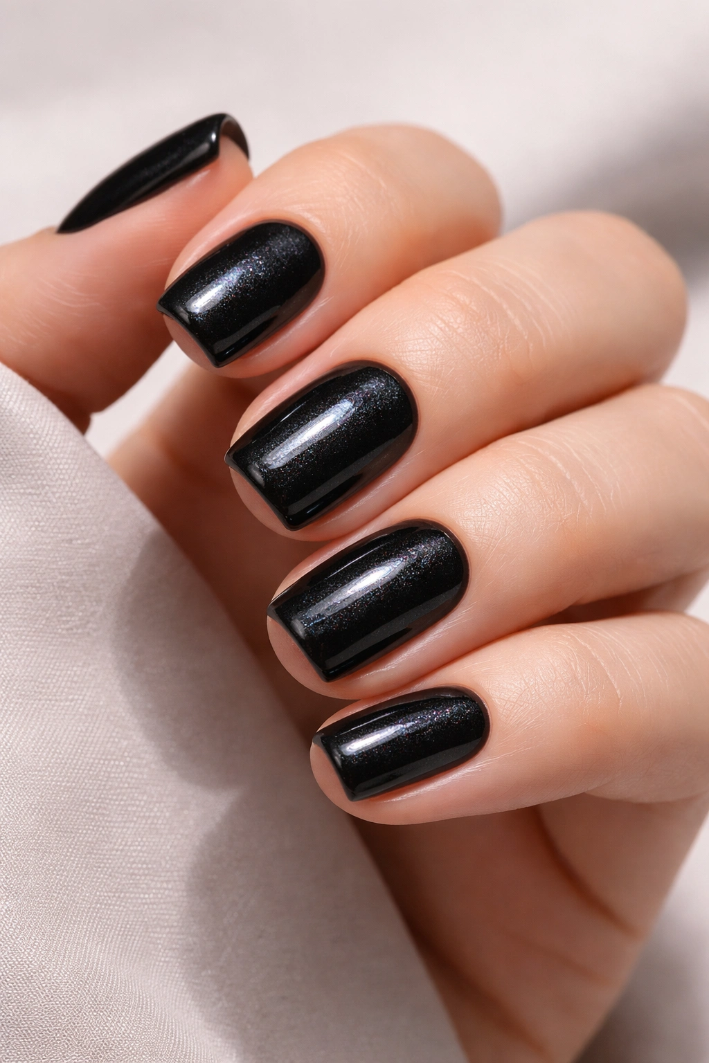 Close-up of short squoval nails in deep black with a subtle pearlescent shimmer