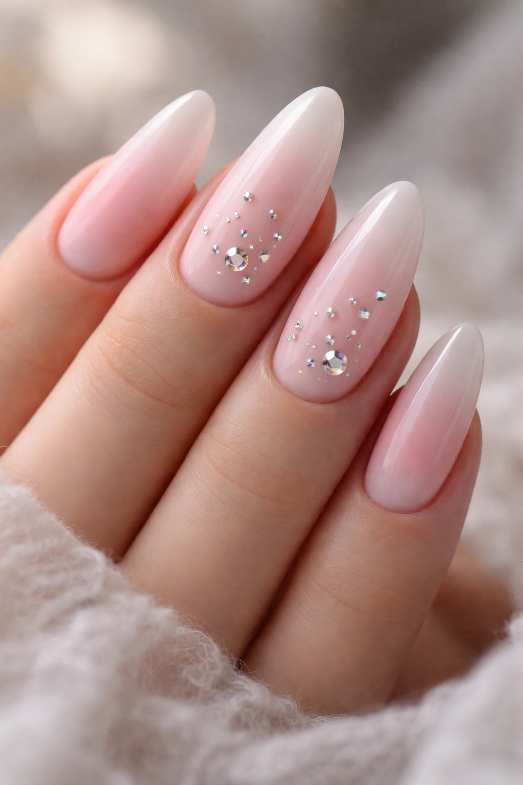 Blush pink ombré long oval nails with scattered AB rhinestones