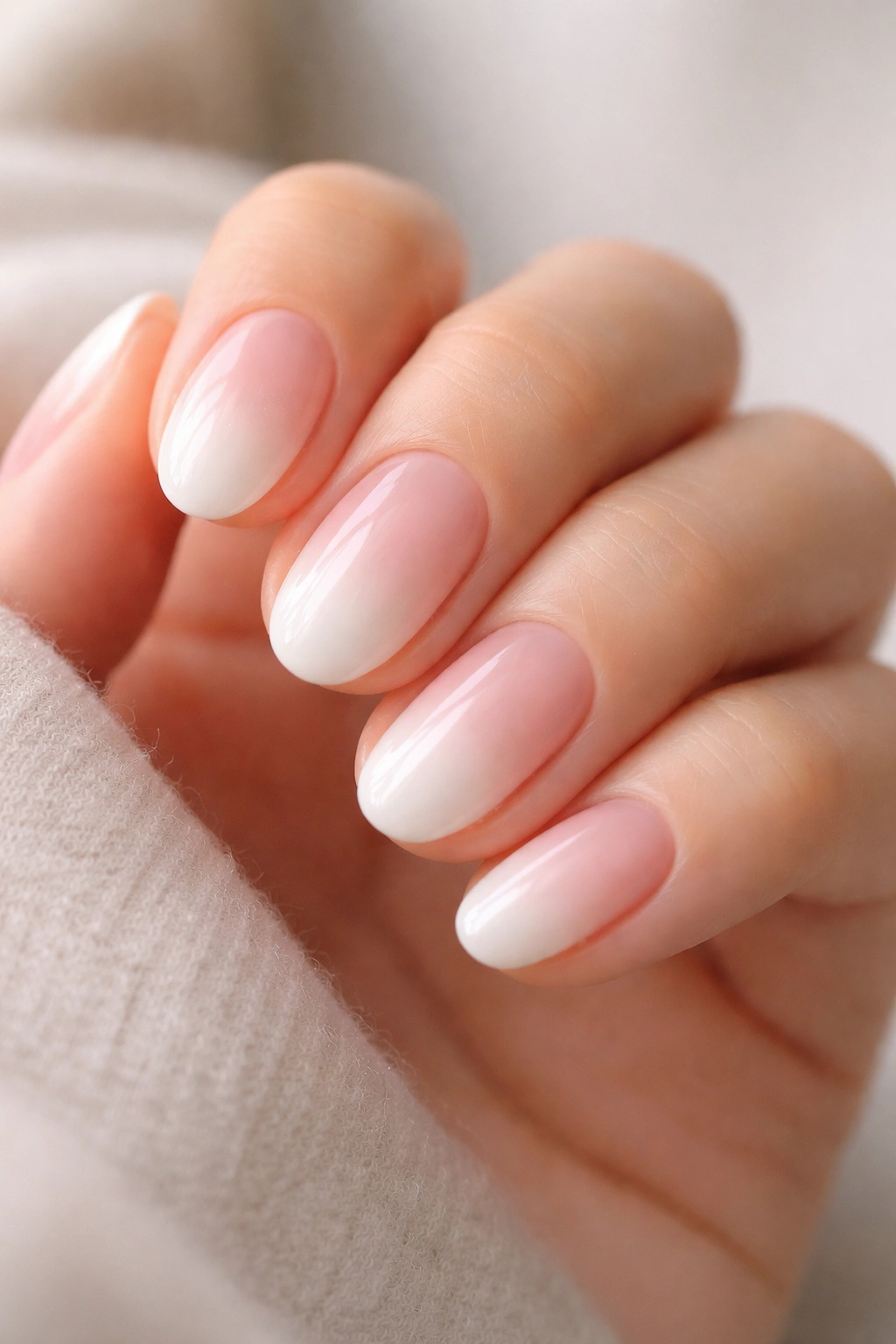 Close-up of short oval nails with blush pink base and white melt transition
