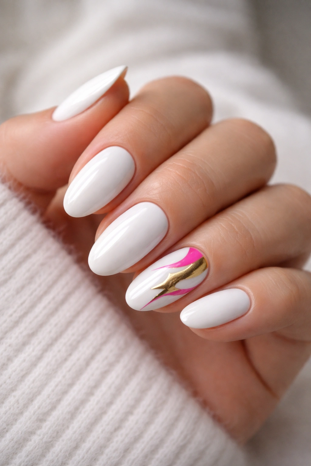 Close up of short white almond nails with a single bold accent on one nail