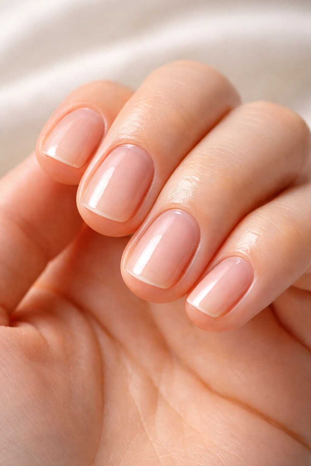 Close-up of bare nails with natural length and cuticle oil shine