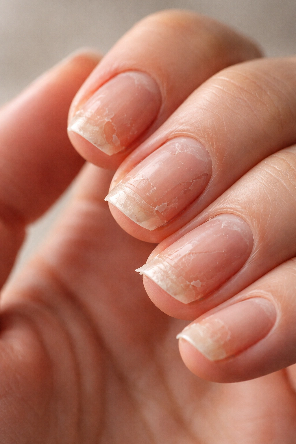 Close-up of brittle nails with micro-cracks on a hand
