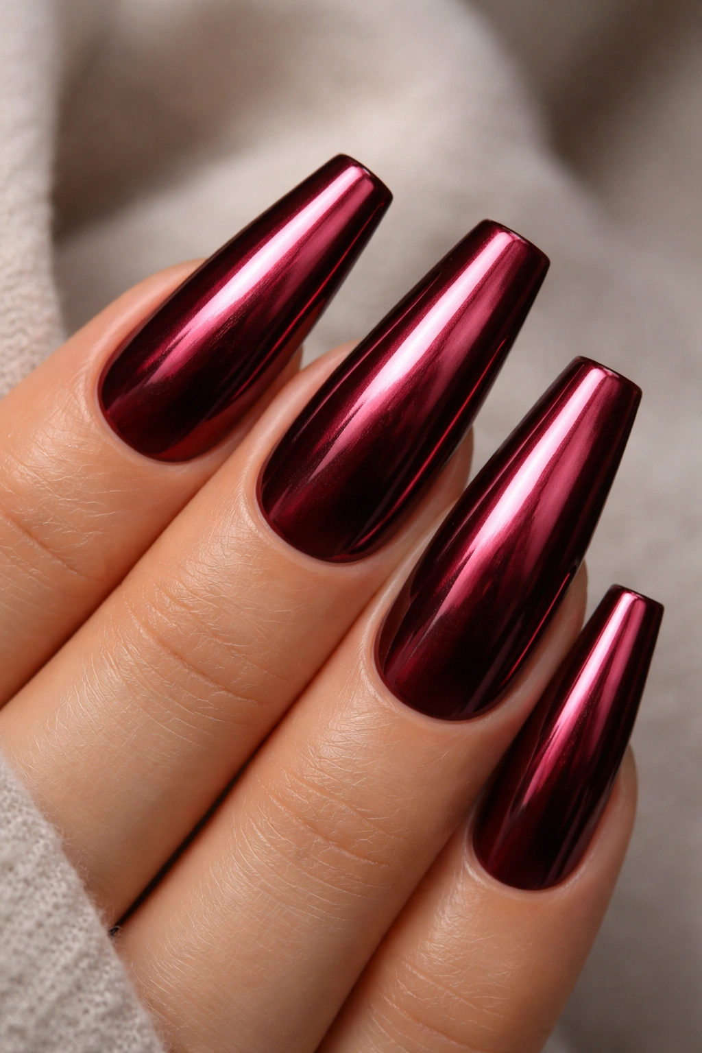 Burgundy wine chrome on ballerina nails with deep red base