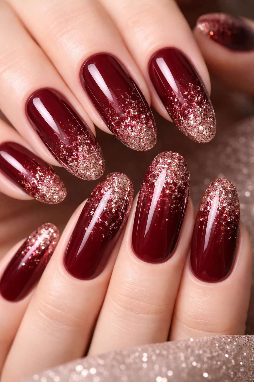 Close-up of long round nails with burgundy base and glitter gradient toward the tips.