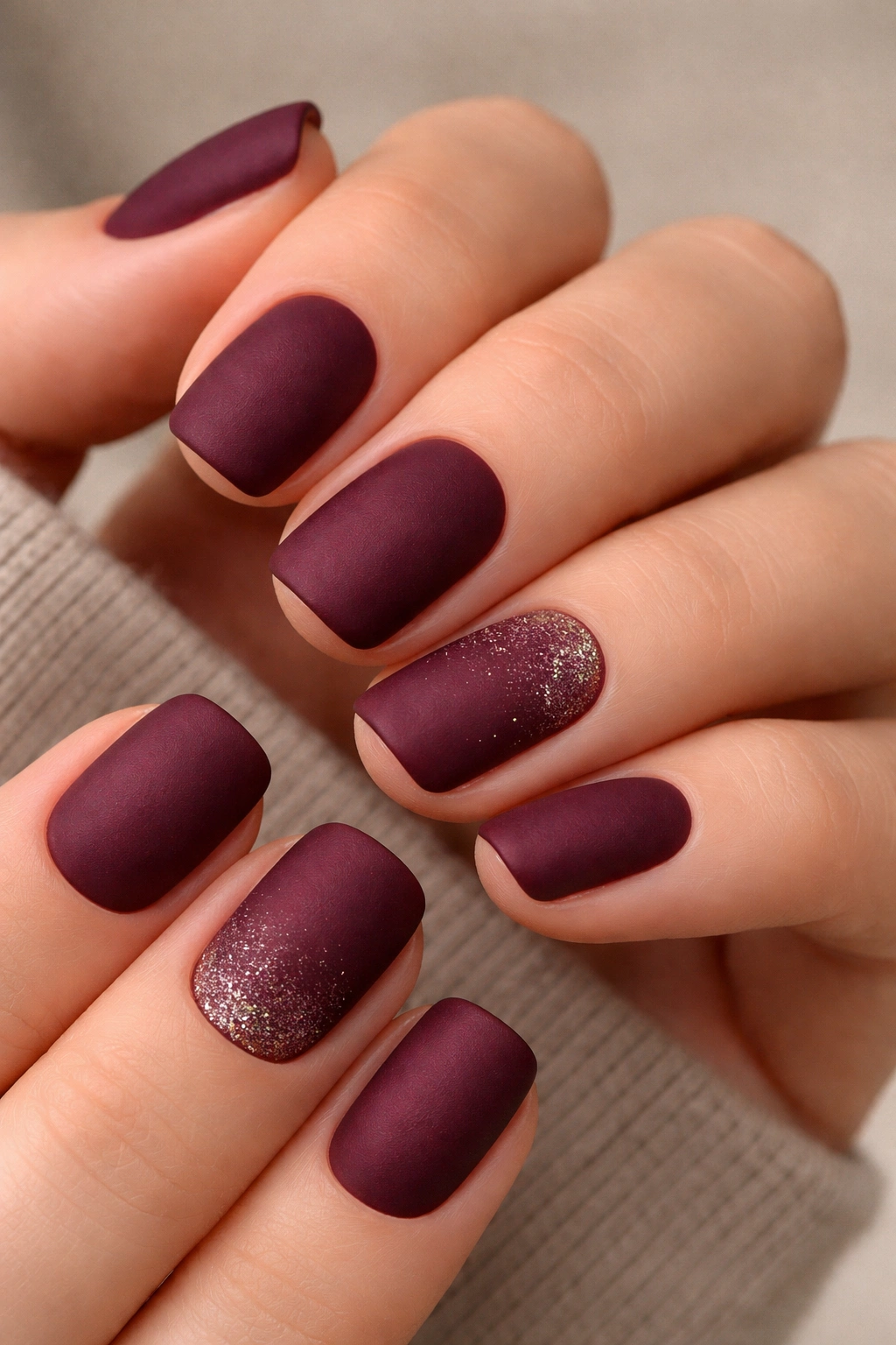 Close-up of burgundy matte squoval nails with subtle sparkle