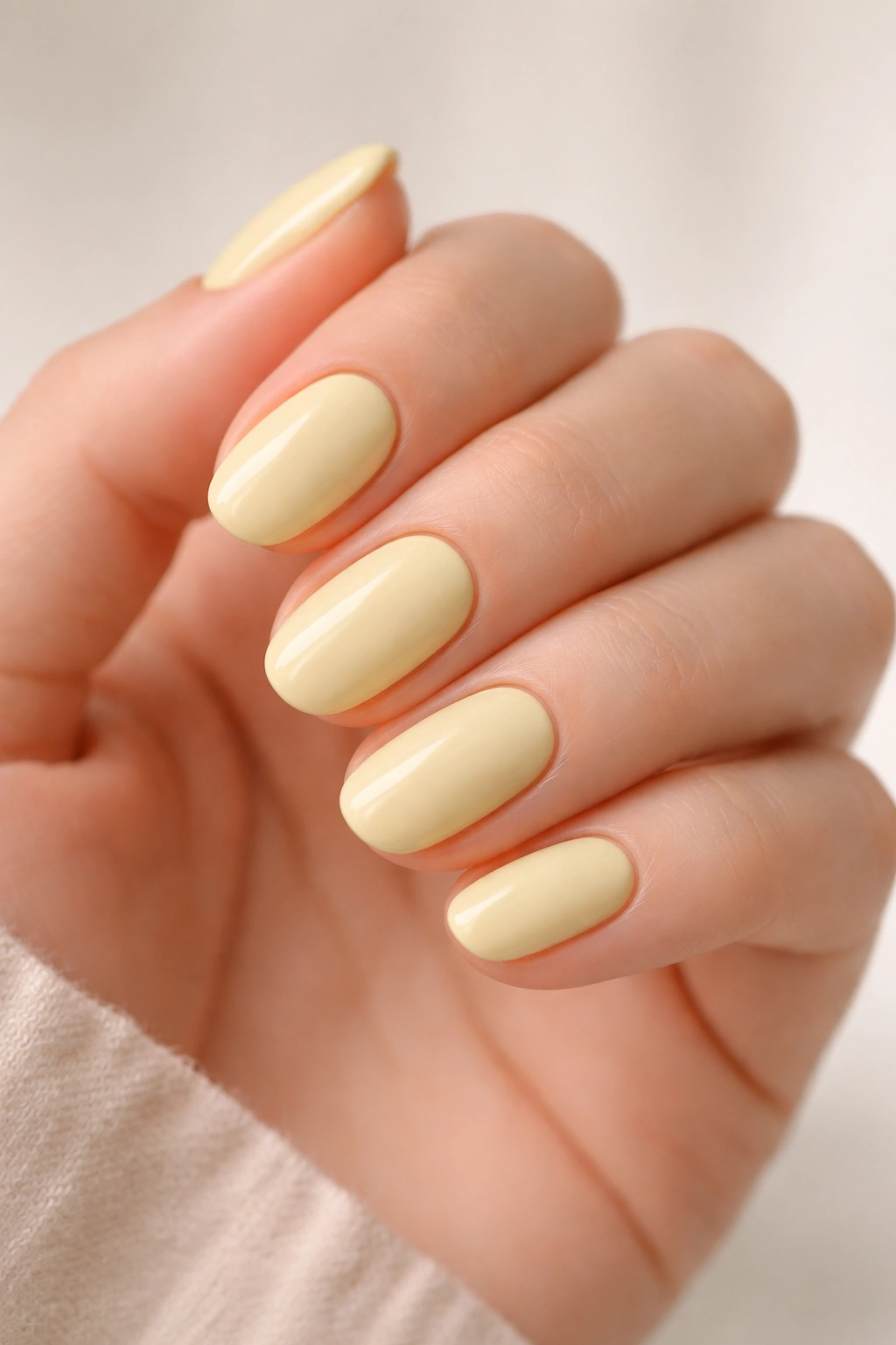 Close-up of short oval nails painted butter yellow with creamy finish