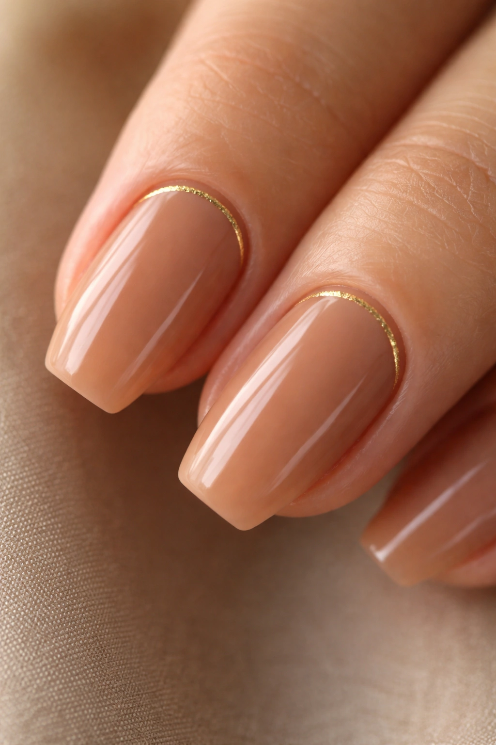 Close-up of caramel nails with a fine gold cuticle line on short ballerina nails