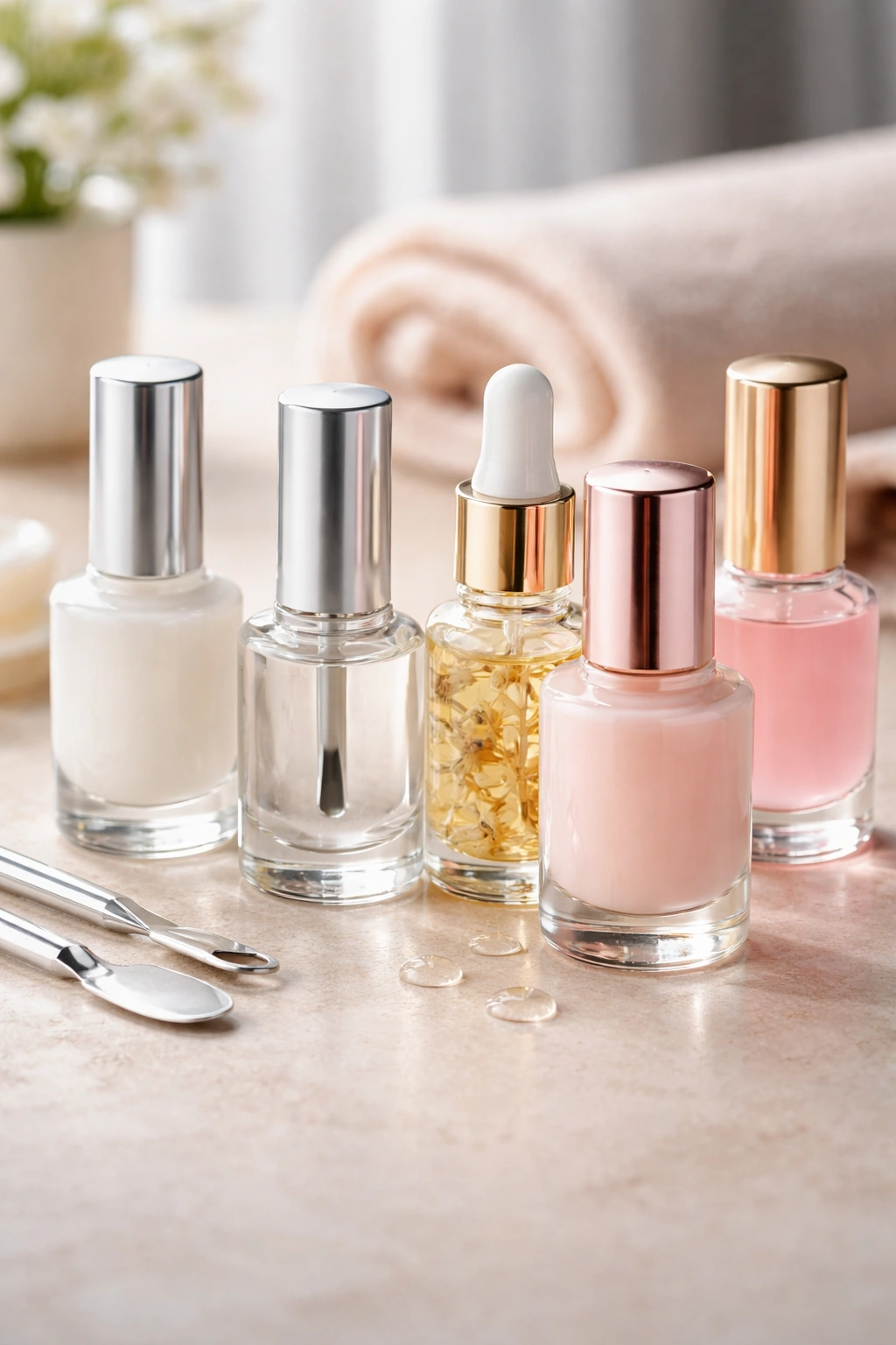 Unlabeled nail care bottles neatly arranged on a clean surface for strength, base coat, and cuticle oil.