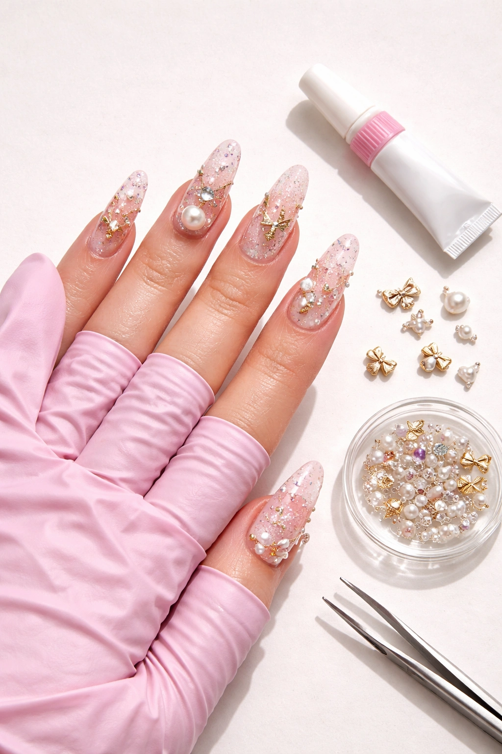Flat lay of gloved hand nails with charms, glue, and spare charms