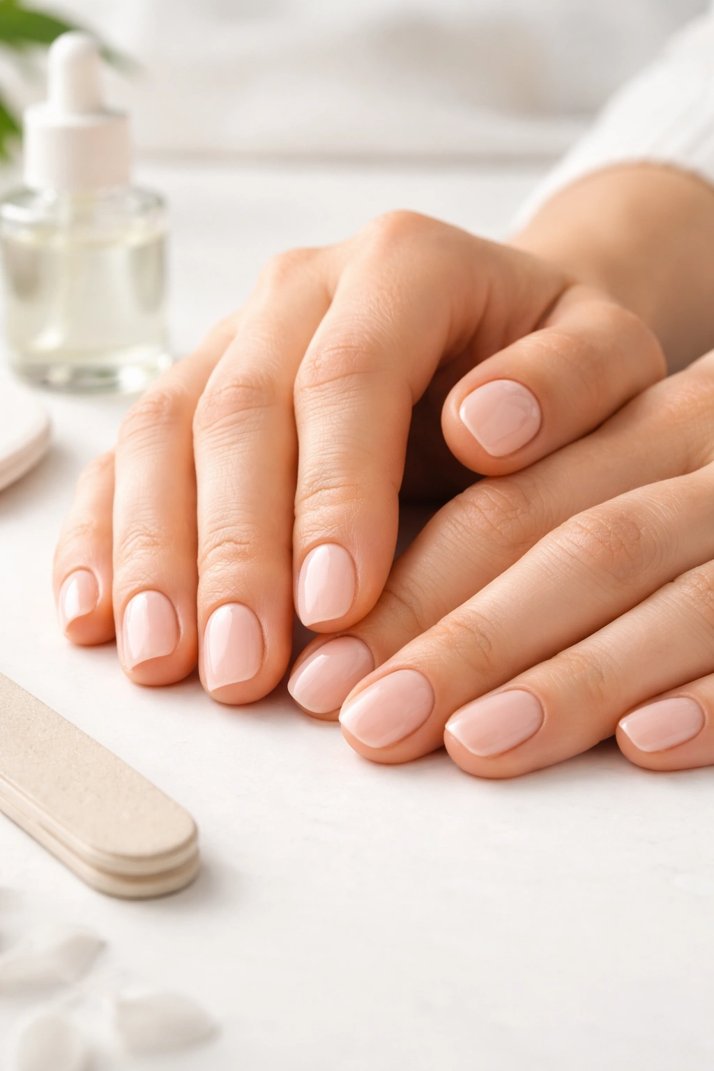 Close-up of hands with short rounded nails resting on a surface