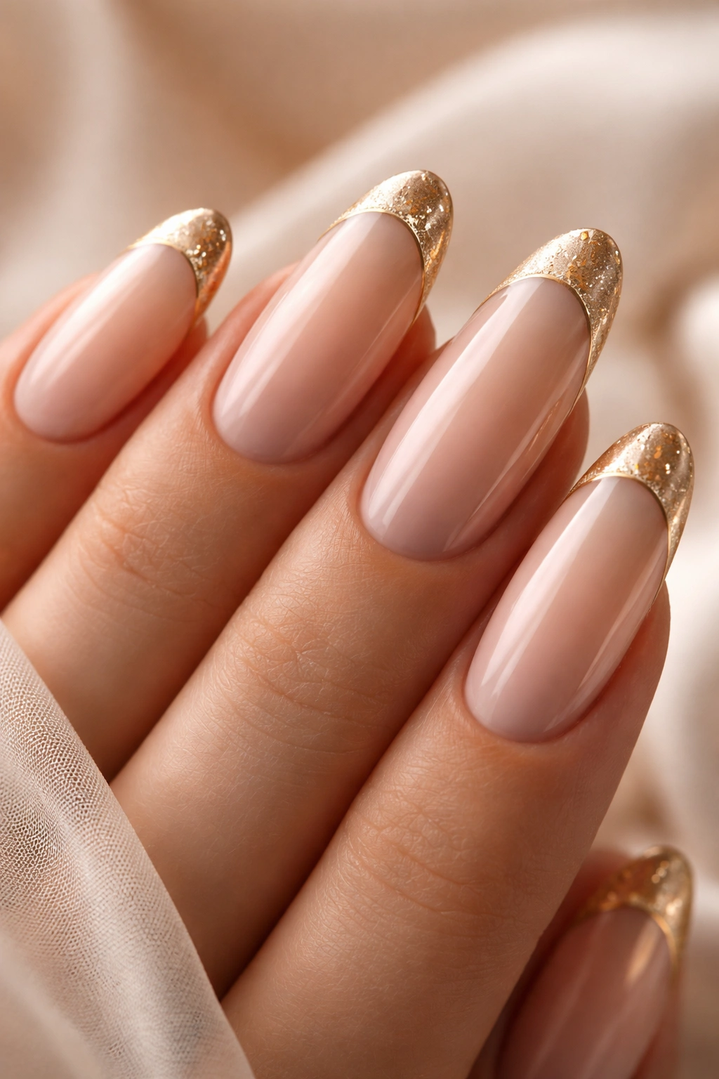 Close-up of long oval nails with champagne tips and gold accents