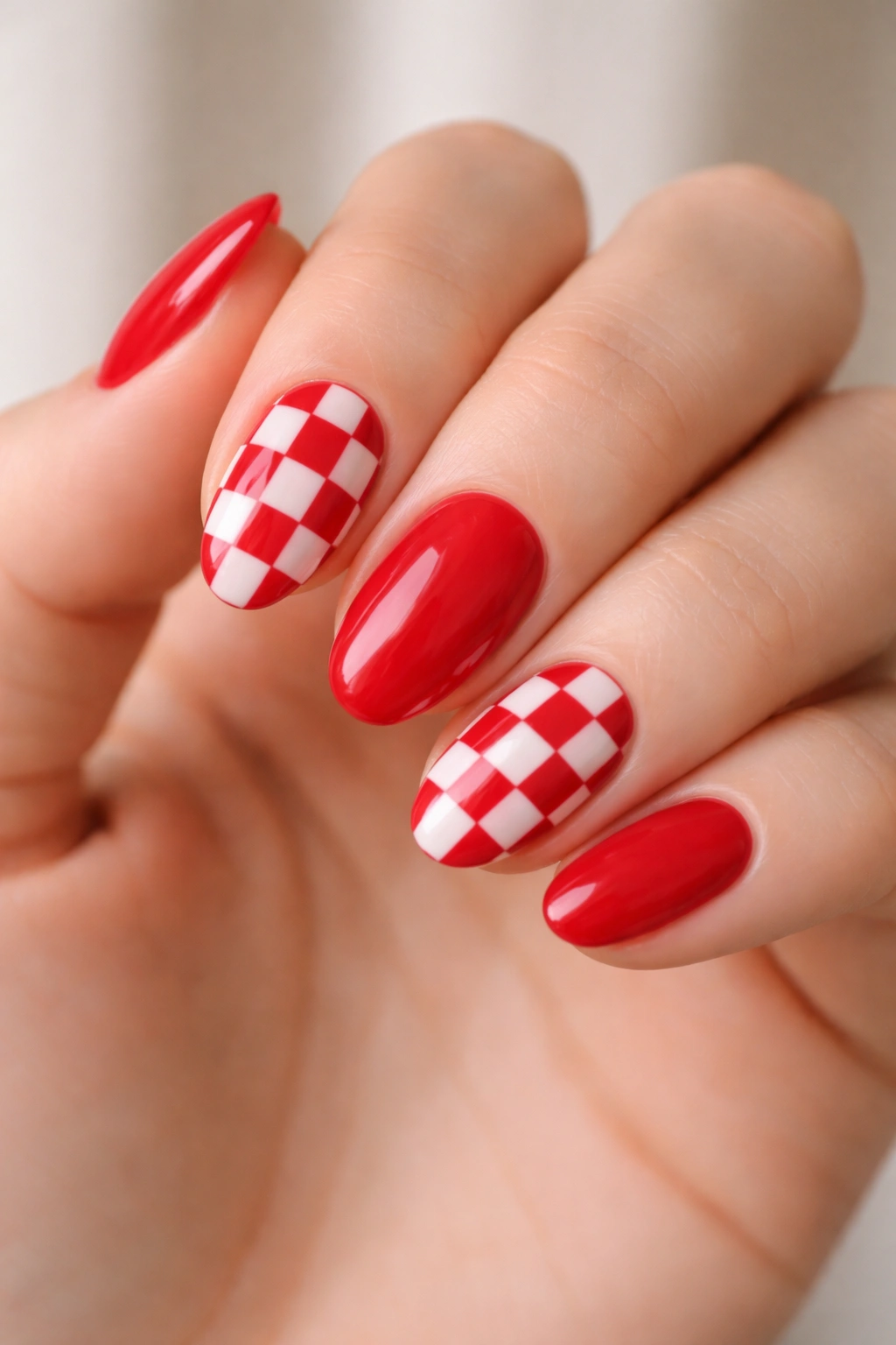 Short almond nails with checkerboard accents and solid red nails