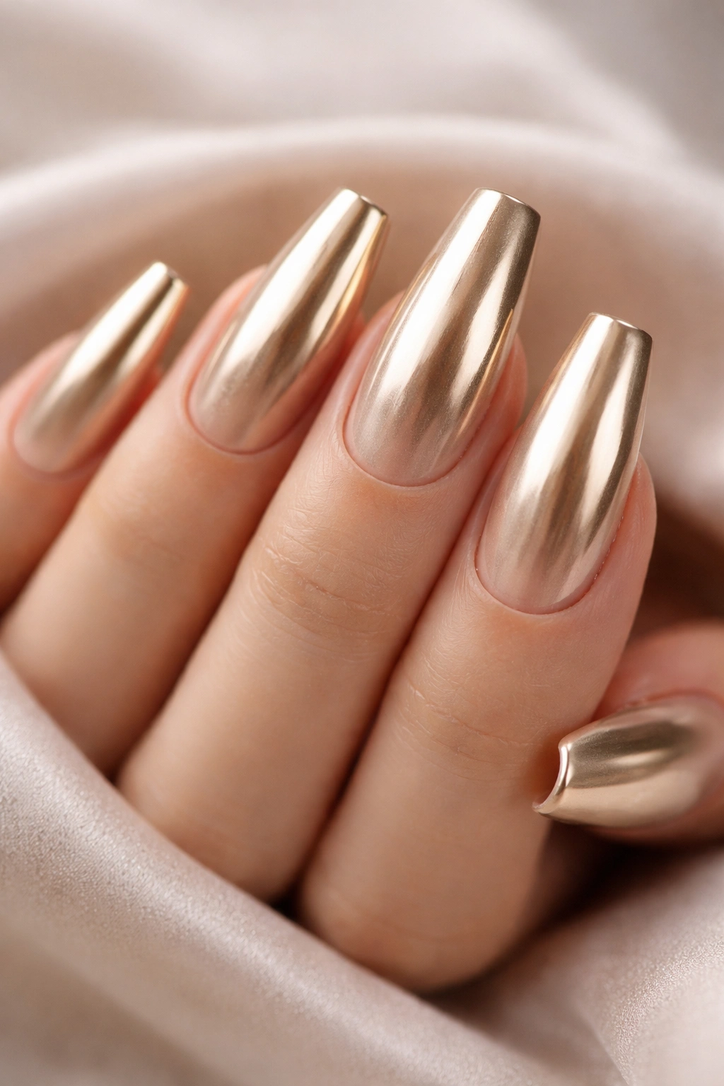 Close-up of nails with champagne gold chrome over a sheer beige base on ballerina nails