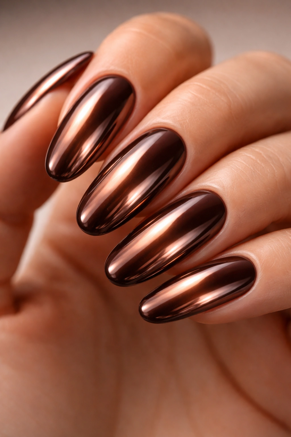 Chocolate brown nails with a reflective chrome mirror finish