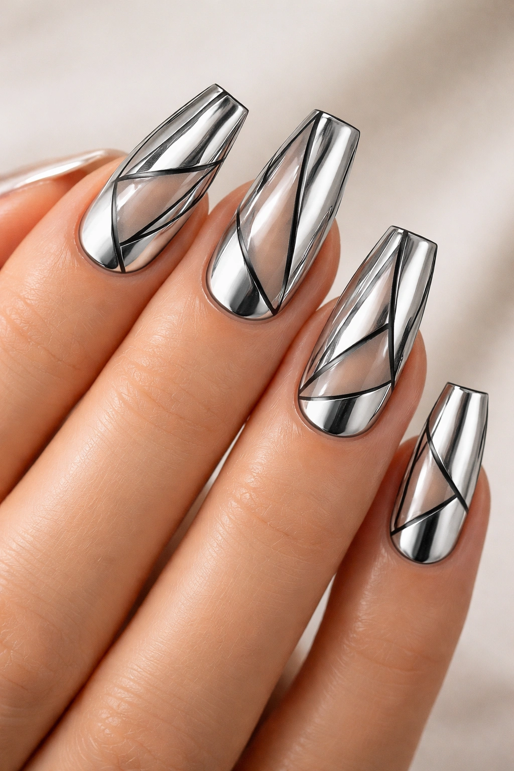 Close-up of coffin nails with chrome silver and geometric cutouts on a neutral background