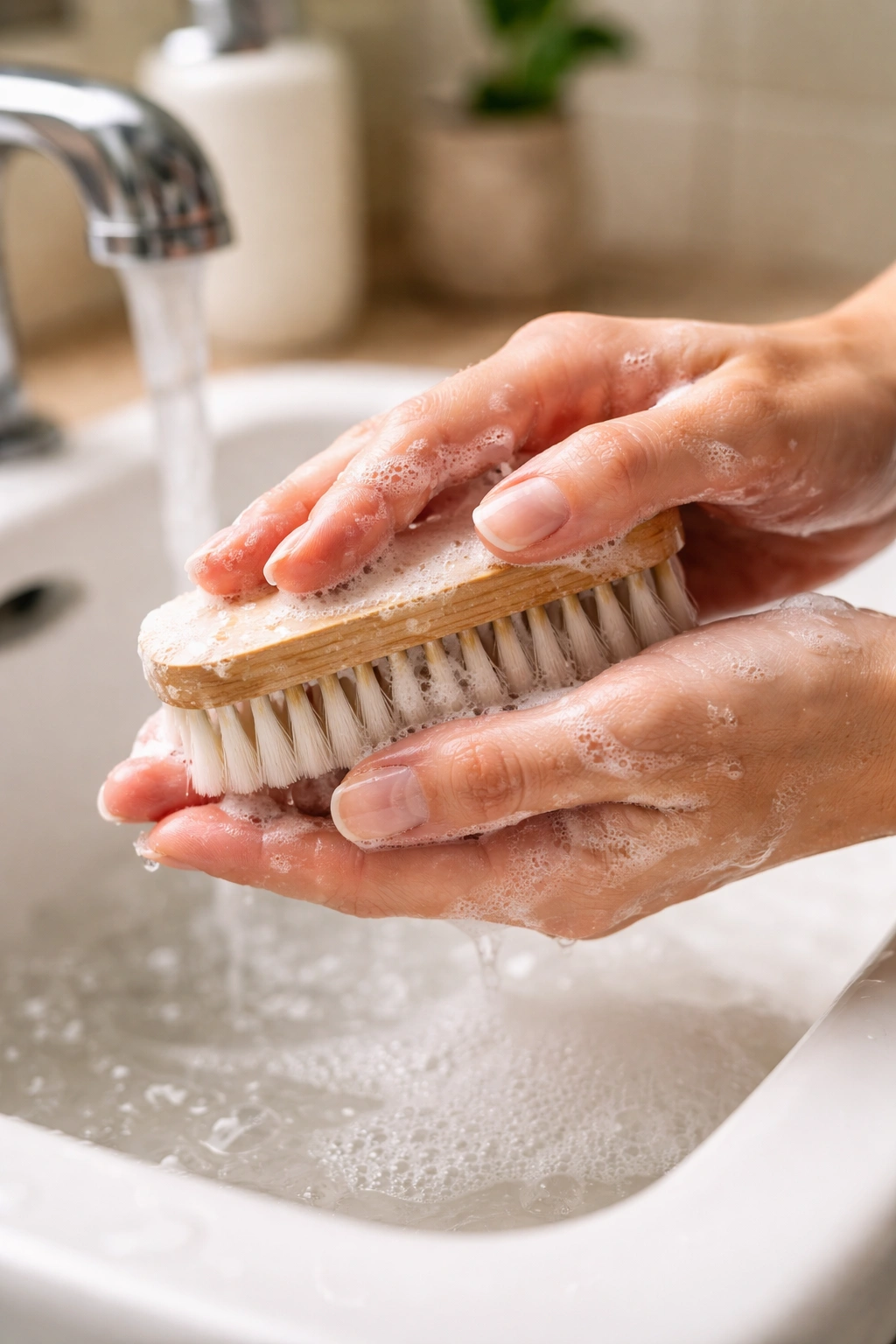 Hands washing nails with a soft brush