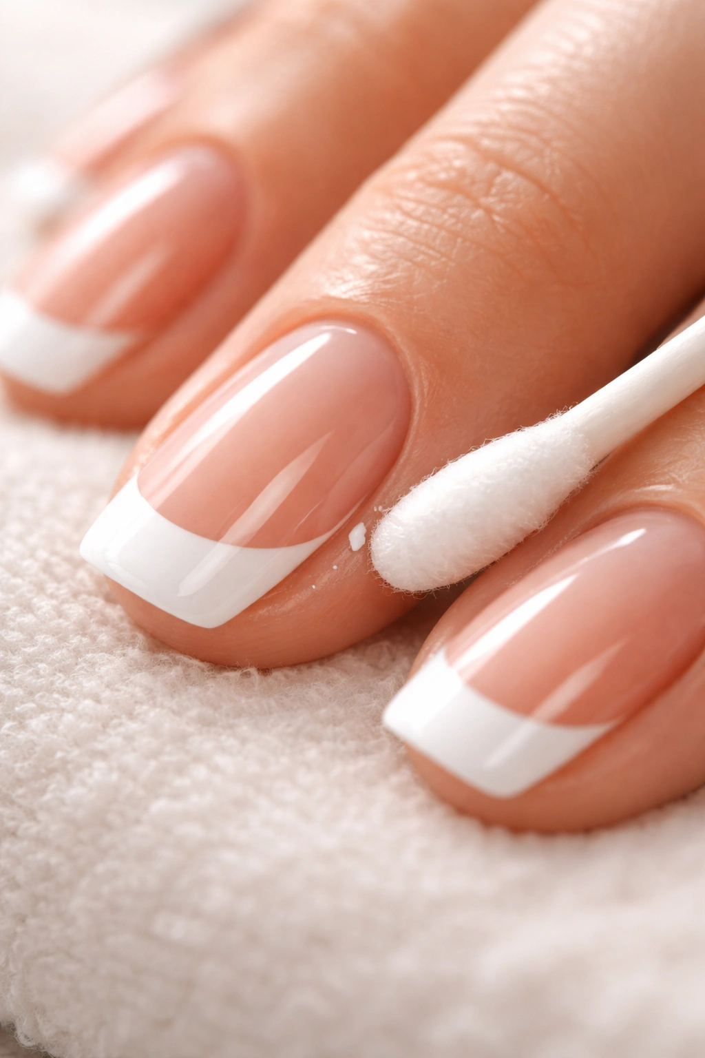 Cotton swab cleaning around nail edge to remove stray polish