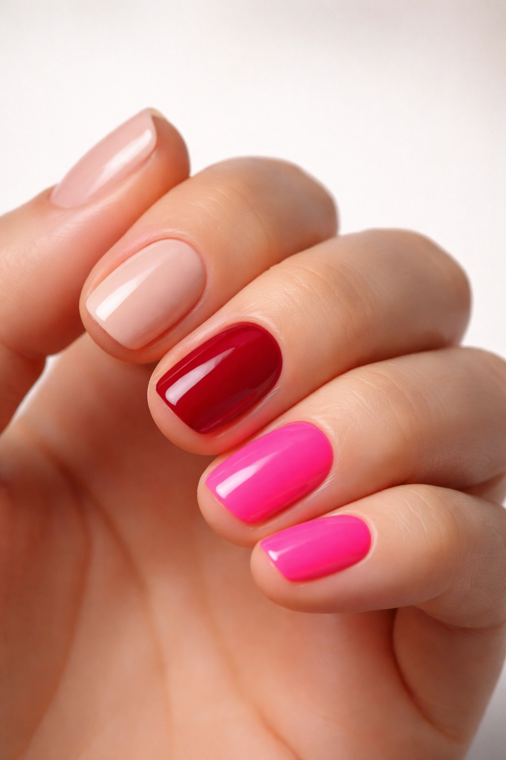 Hand showing nude, deep red, and neon pink nails to illustrate color options.