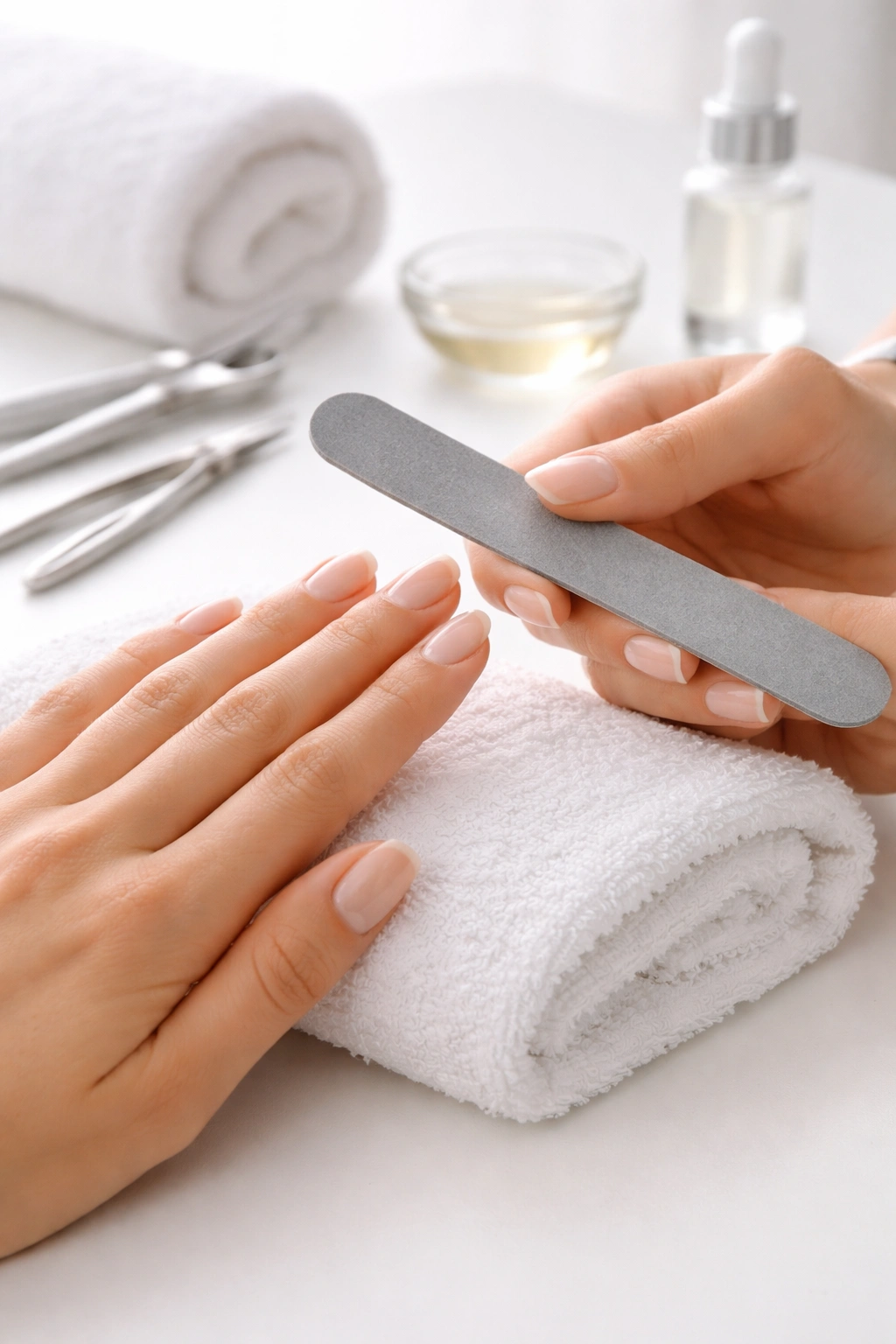 Hands with round nails and basic manicure tools suggesting low-cost maintenance