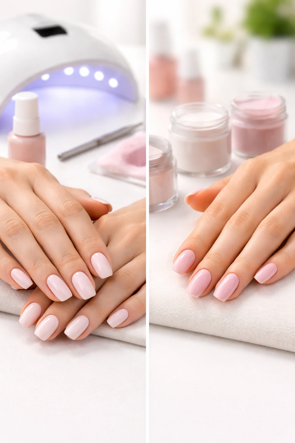 Close-up of hands with manicured nails in a neutral studio setting.