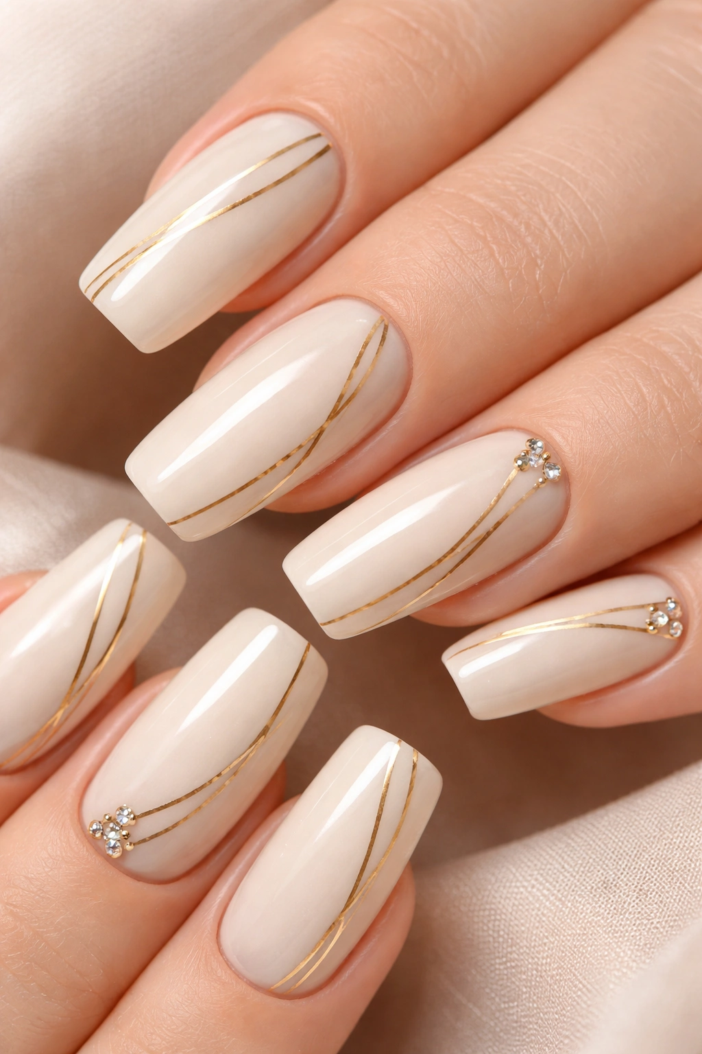 Nails with soft cream base, thin gold stripes, and small gems on base of nails