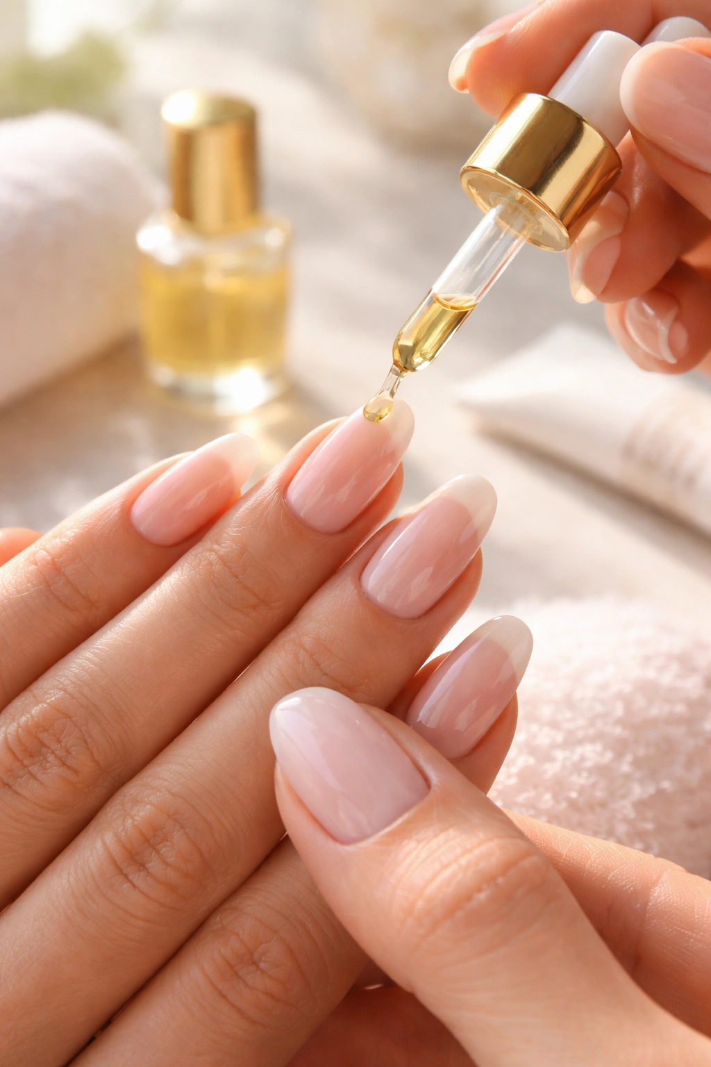 Close-up of hands applying cuticle oil to acrylic nails to extend wear