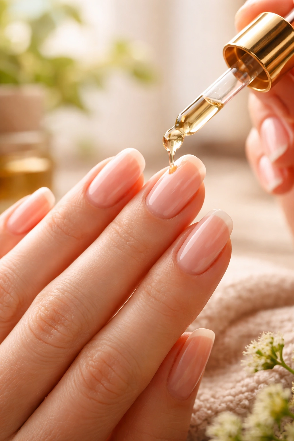 Close-up of hand applying cuticle oil to nails for at-home maintenance