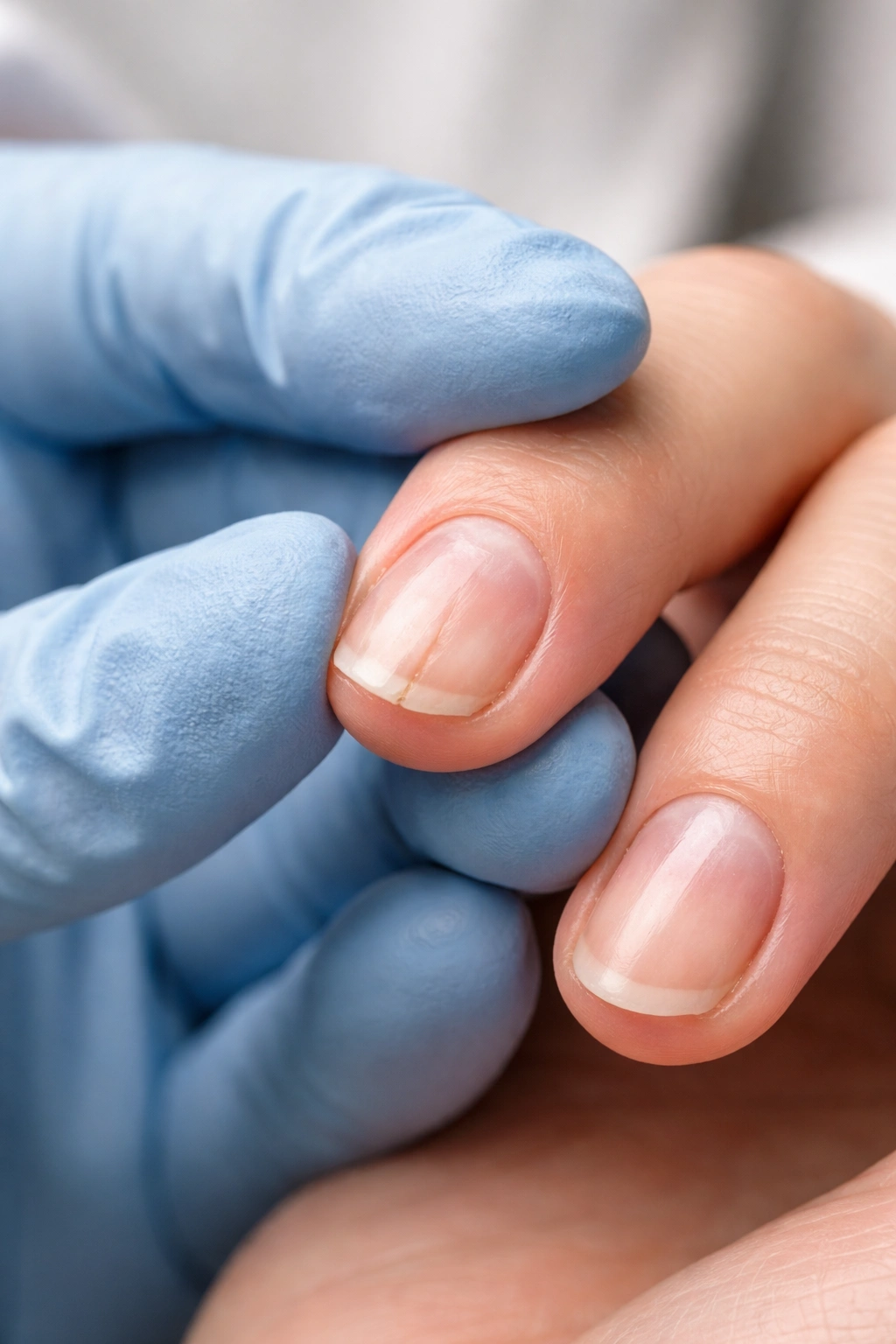 Nail being examined in clinical setting by a gloved finger