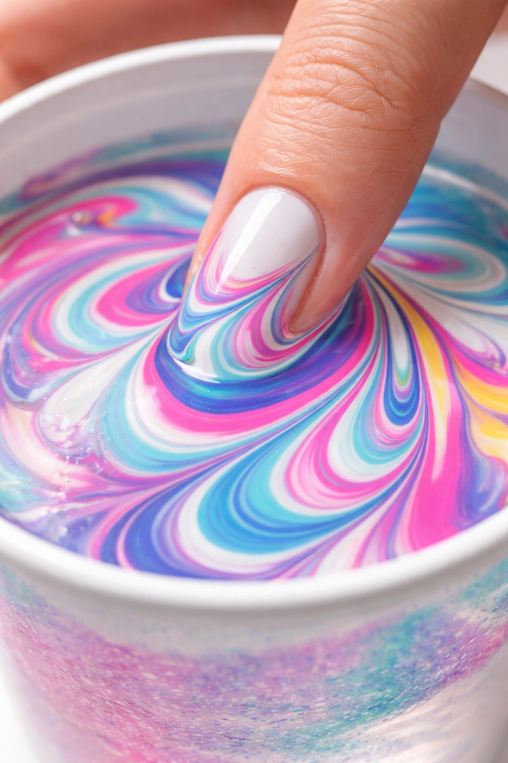 Close-up of finger about to dip into water marble pattern.