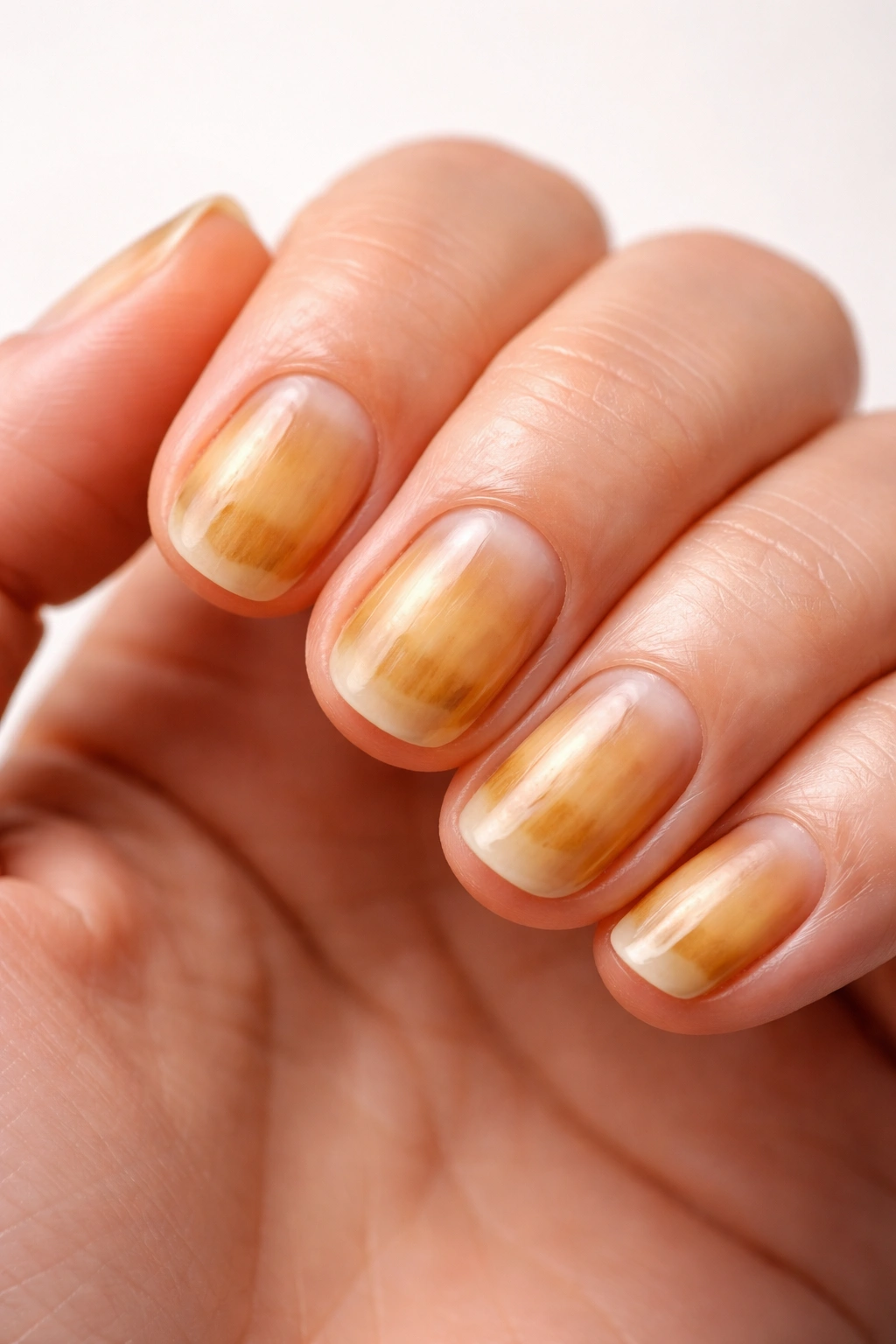 Close-up of a hand with yellowed nails due to smoking