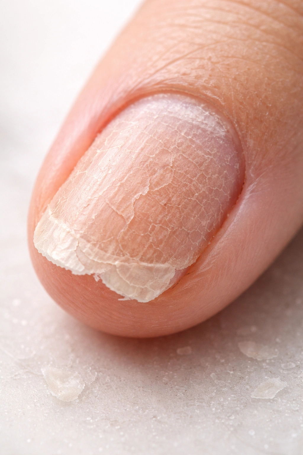 Close-up of a dry, brittle fingernail with rough surface