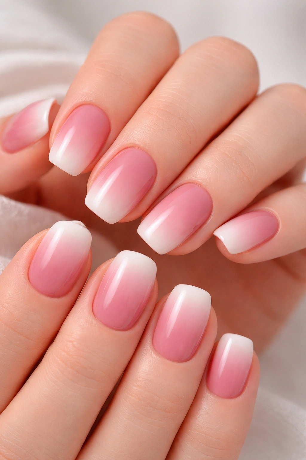 Close-up of dusty rose to white gradient on short squoval nails