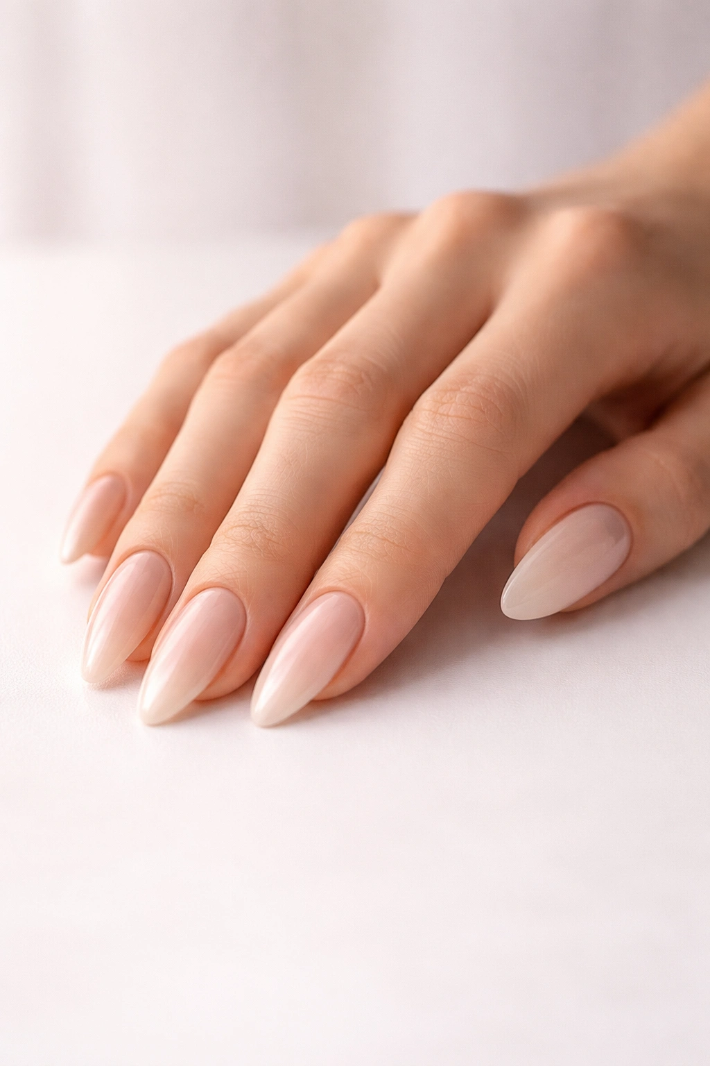 Close-up of a hand resting on a surface with long almond-shaped nails