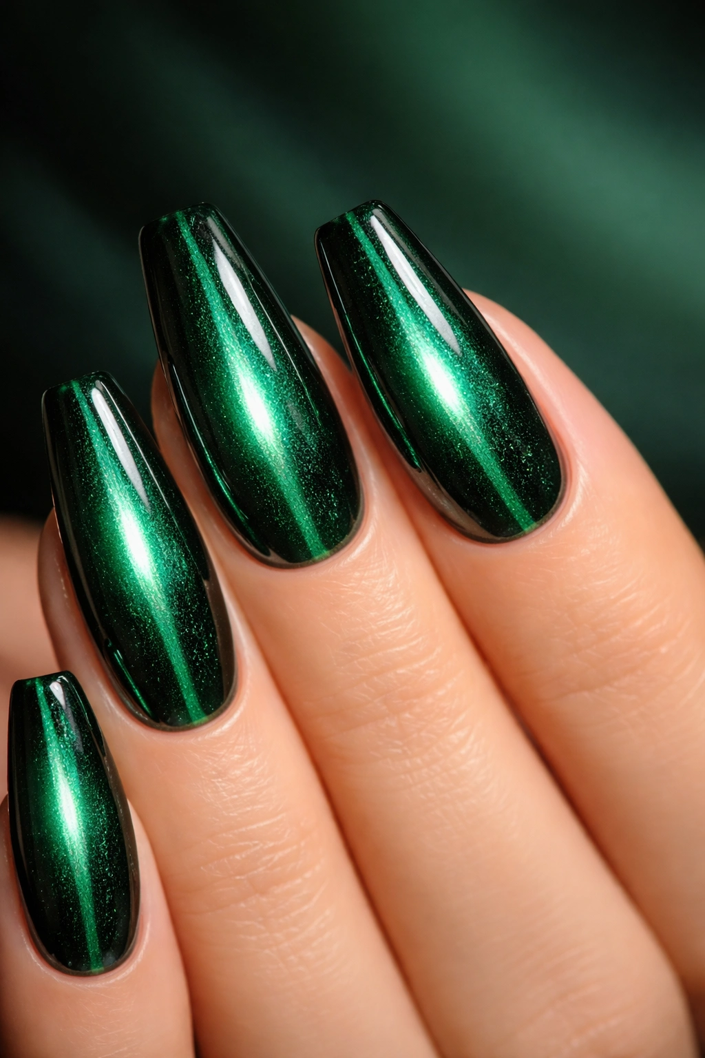 Emerald cat-eye chrome nails on ballerina nails with magnetic line