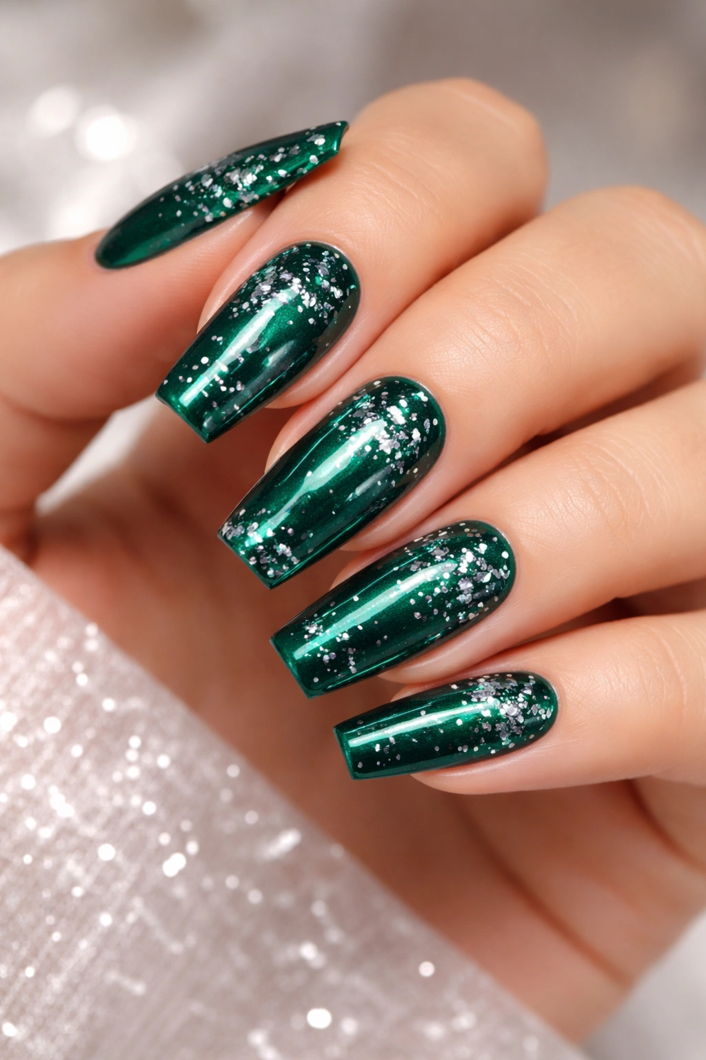 Close-up of emerald green coffin nails with silver confetti on a neutral background