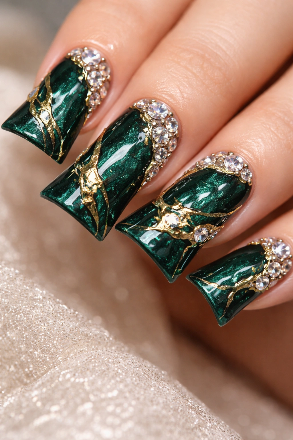Emerald green nails with gold foil and rhinestones detail