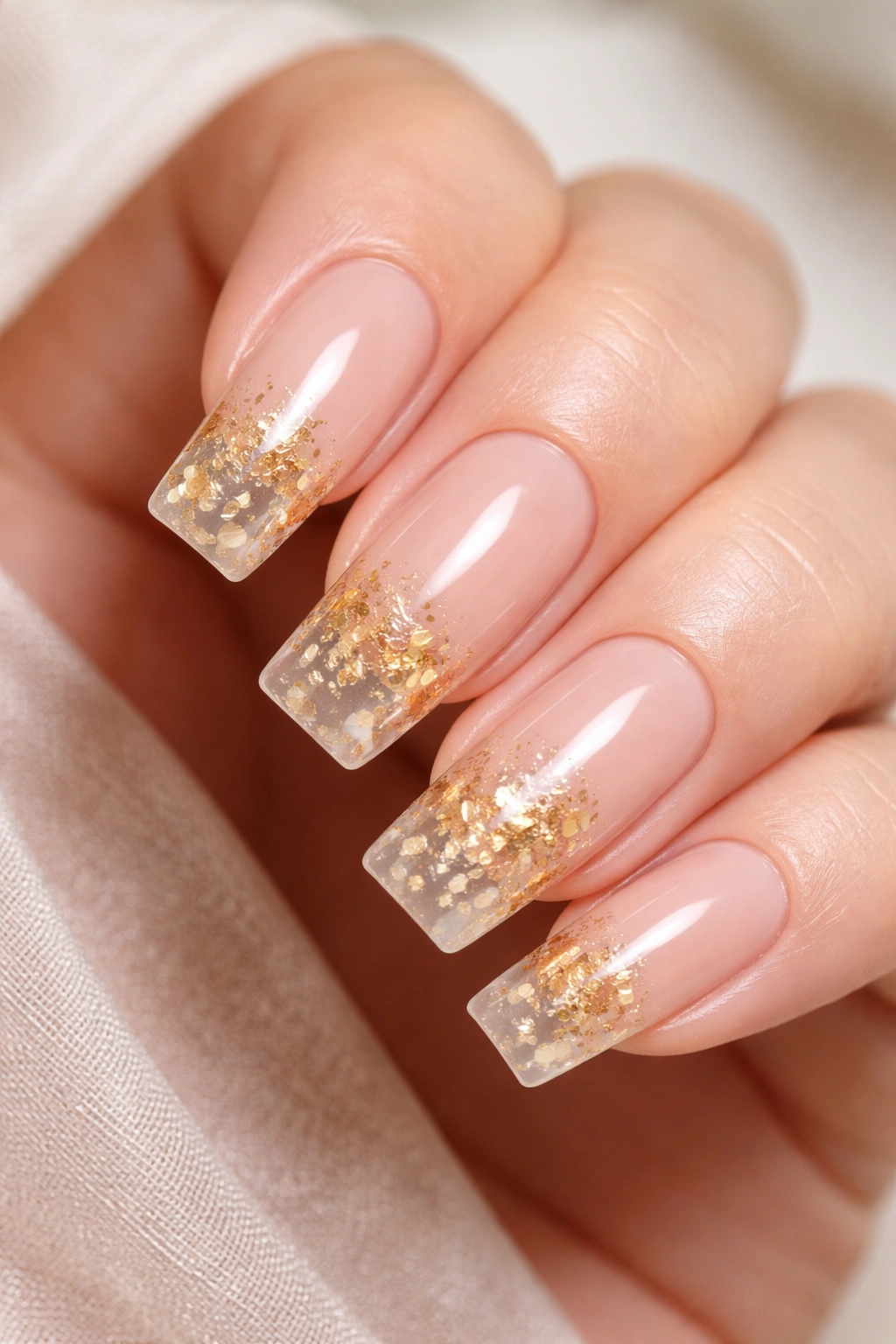 Close-up of translucent nude nails with encapsulated gold leaf in clear polish