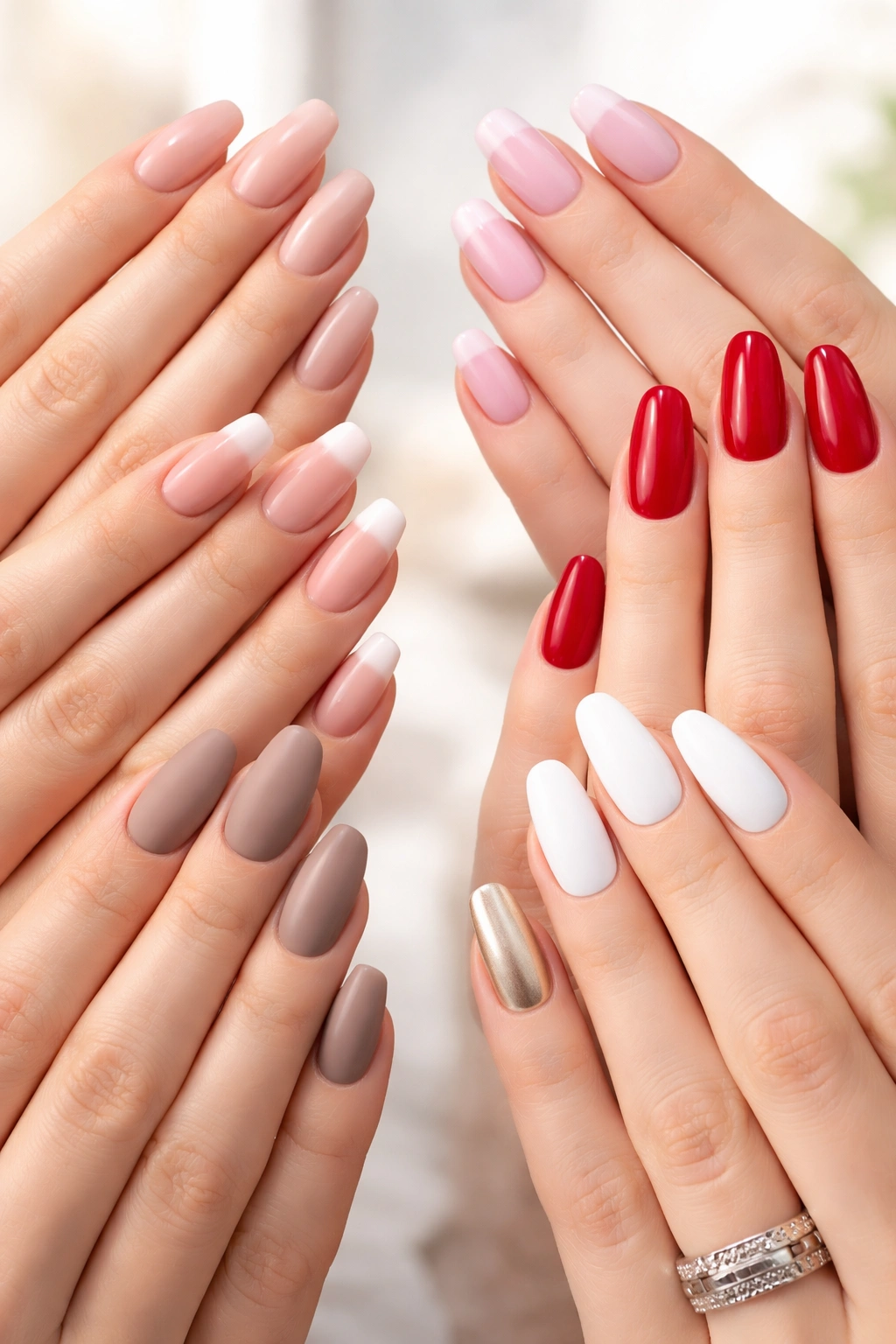 Close-up of hands showing a variety of nail styles (neutrals, red, French, metallic) for shoot-ready nails