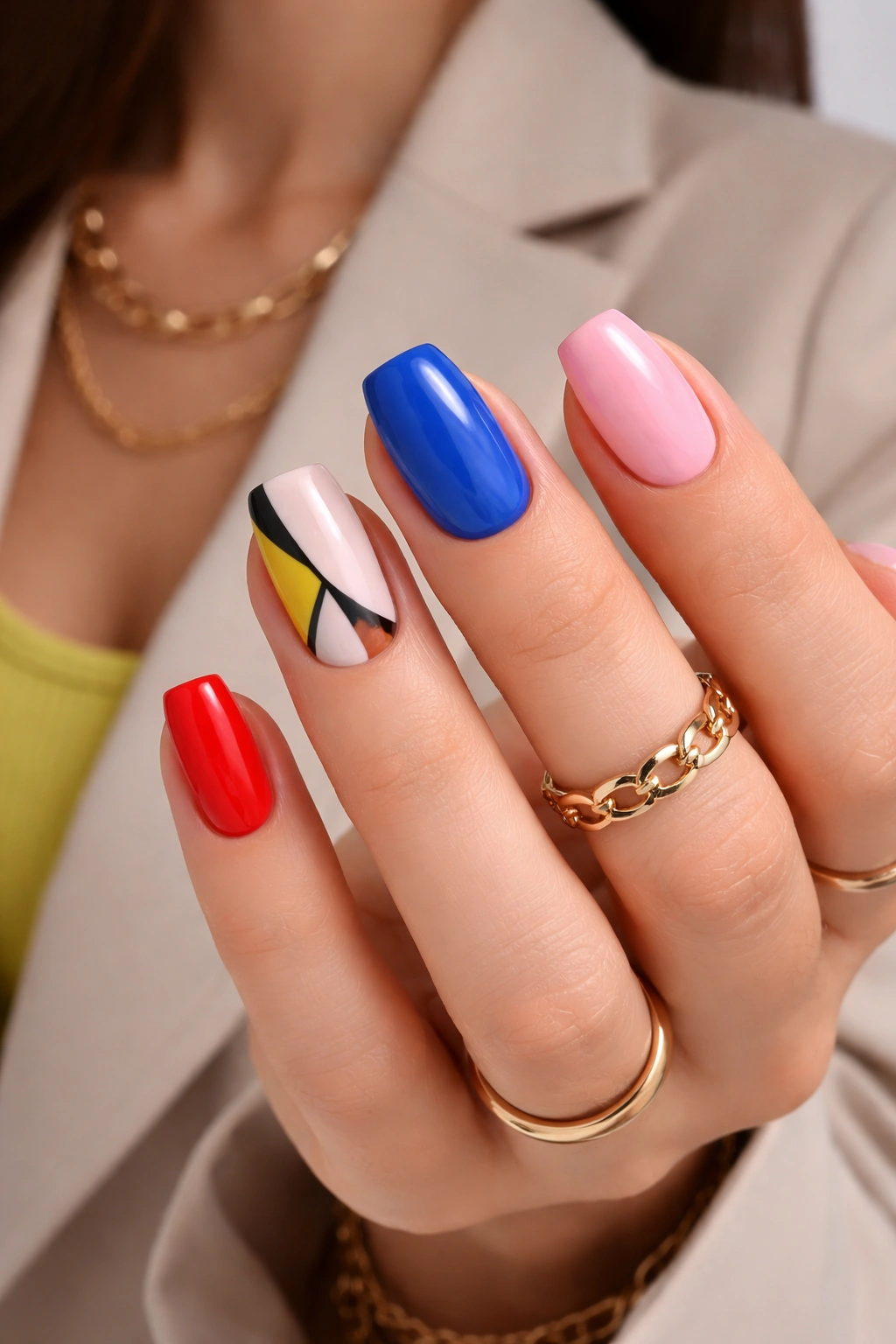 Hand with bold-colored squoval nails showing fashion versatility