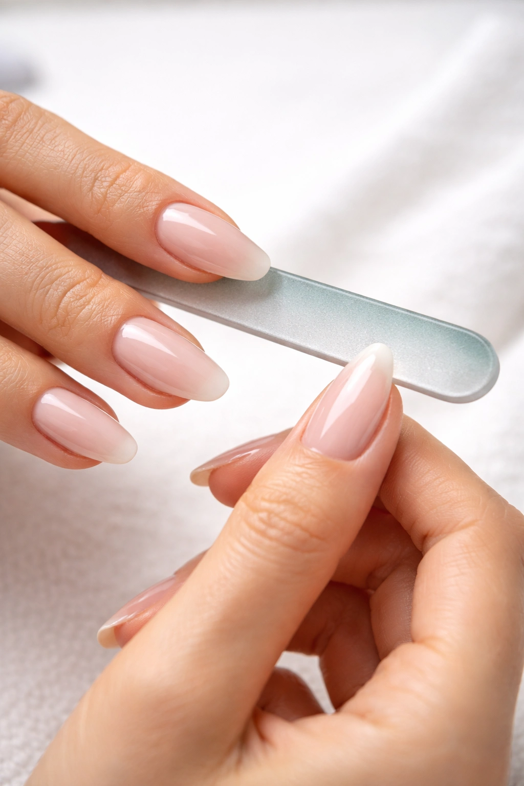 Nails being filed with a glass file in one direction