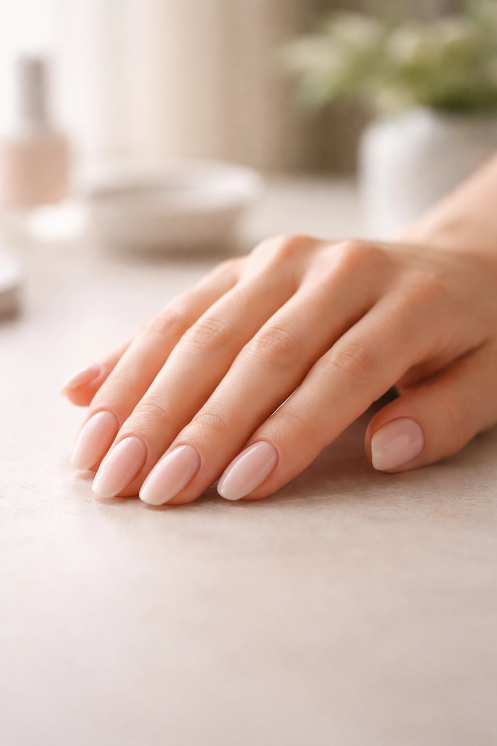 Close-up of a hand with medium-length nails in a minimalist setting