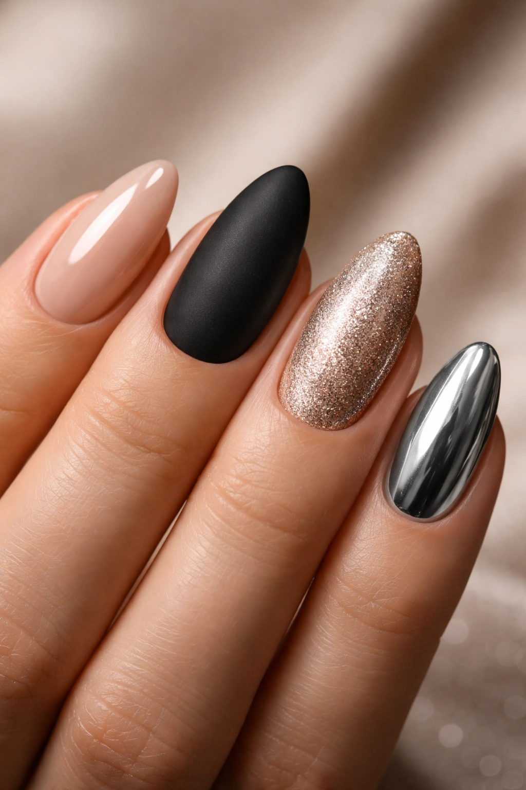 Close-up of nails with mixed finishes (glossy, matte, shimmer, chrome) on a hand