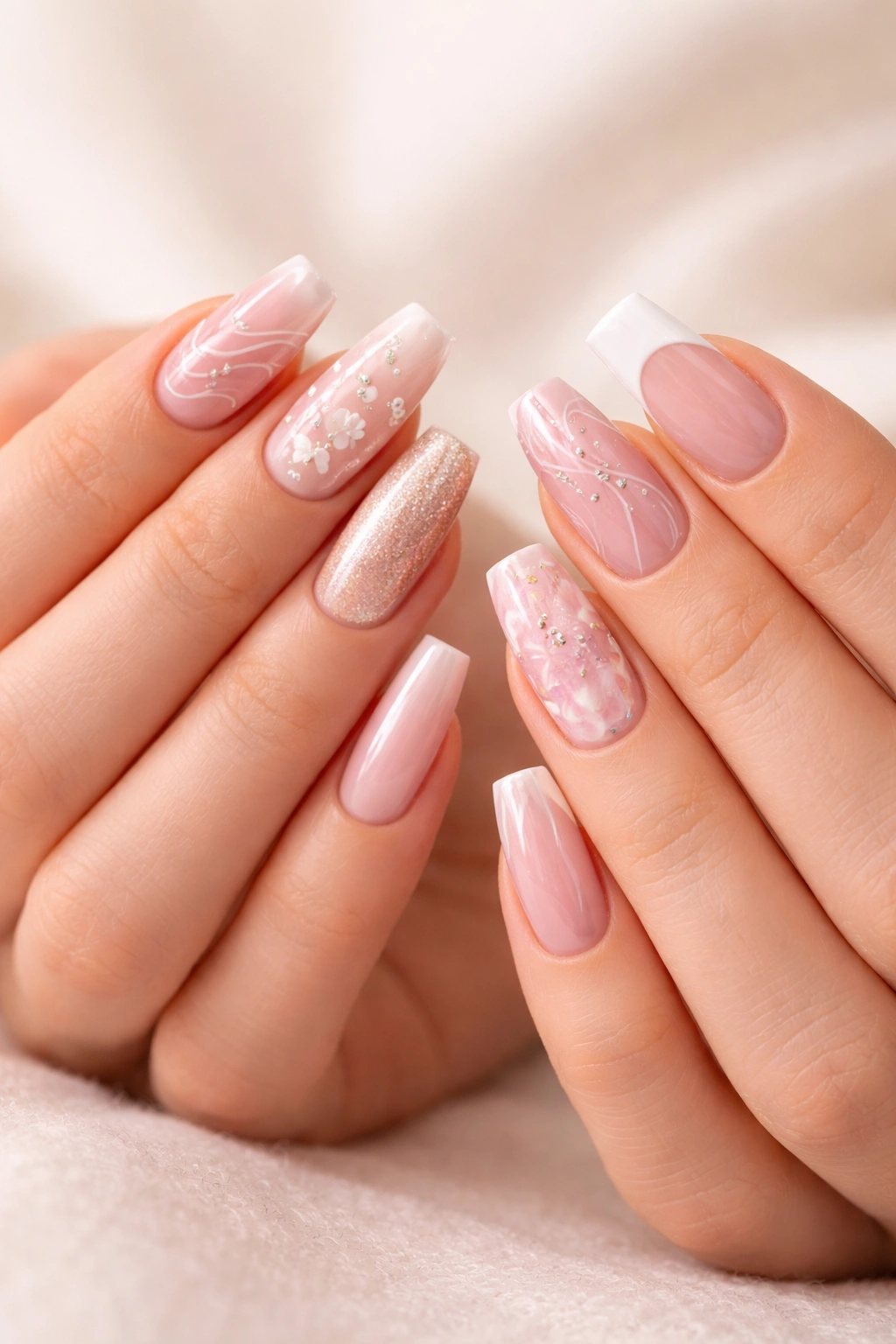 Close-up of hands showing finished medium-length acrylic nails with polished look.